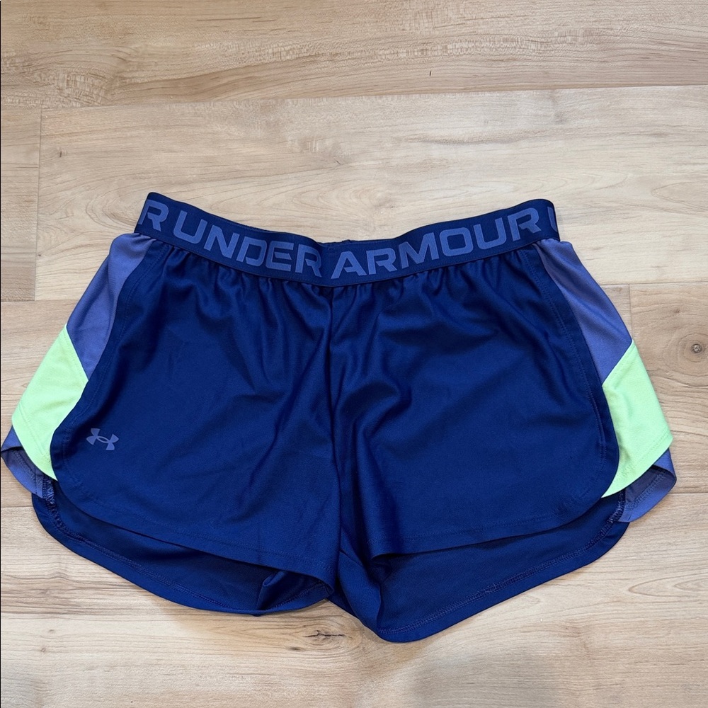 Under Armour Navy Athletic Shorts with Lime and Purple Panels